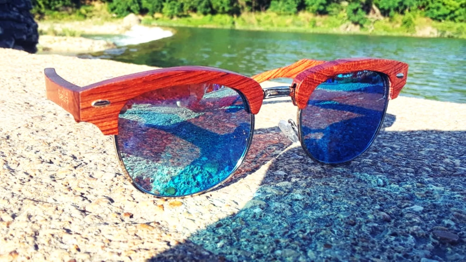 100% Real Brazilian Pear Wood Sunglasses With Ice Blue Lenses and Bamboo Case