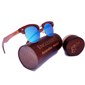 100% Real Brazilian Pear Wood Sunglasses With Ice Blue Lenses and Bamboo Case