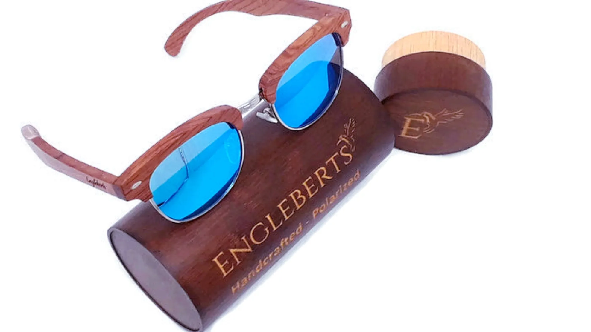 100% Real Brazilian Pear Wood Sunglasses With Ice Blue Lenses and Bamboo Case