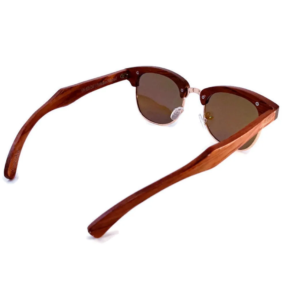 100% Real Brazilian Pear Wood Sunglasses With Ice Blue Lenses and Bamboo Case
