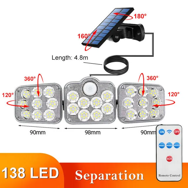 108/122/138/171 LED Solar Lights 3 Head Motion Sensor 270 Wide Angle Illumination Outdoor Waterproof Remote Control Wall Lamp