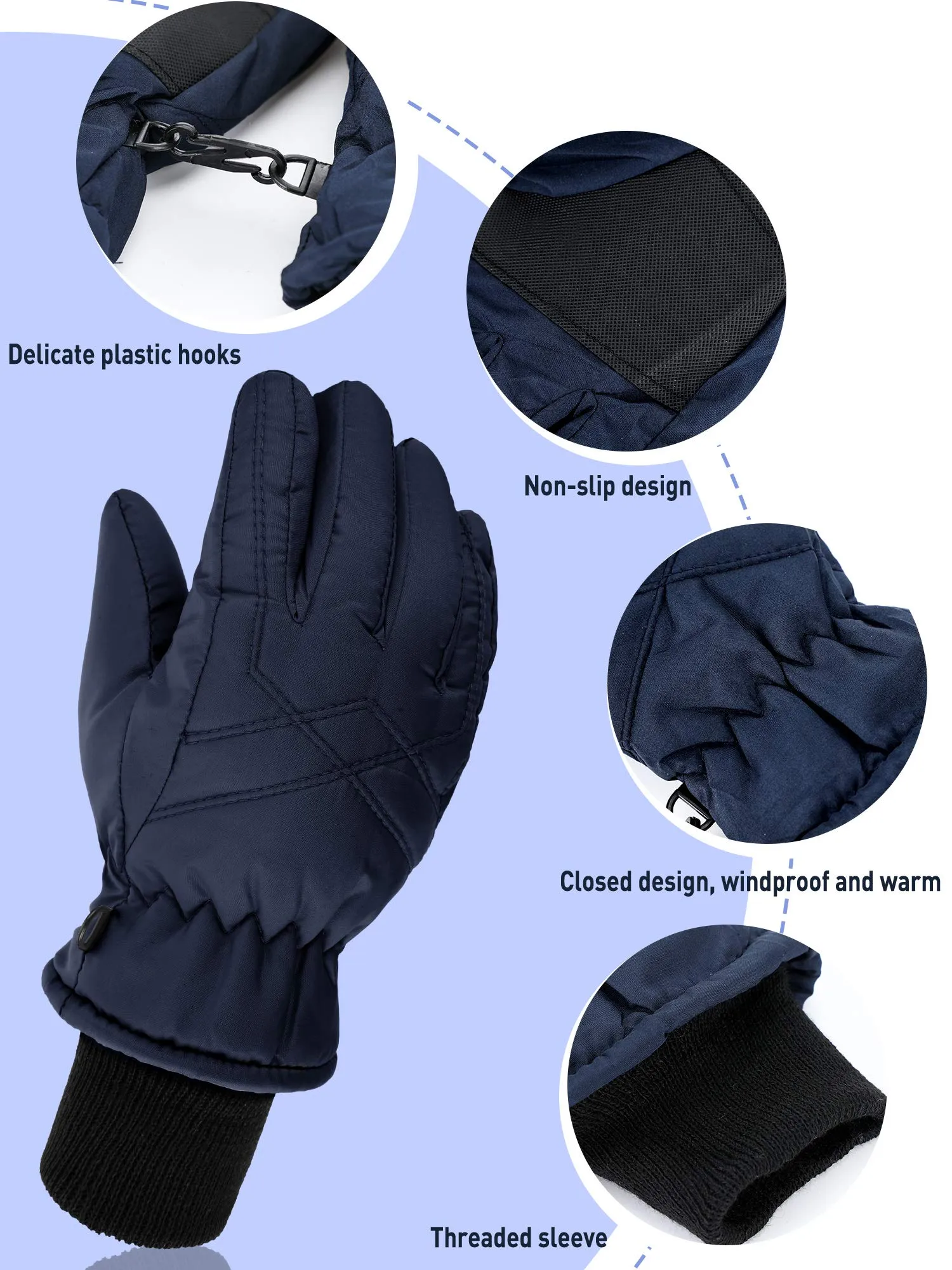 2 Pairs Kids Winter Gloves Waterproof Ski Gloves Child Snow Warm Gloves Mittens Black, Navy Blue 4-7 Years