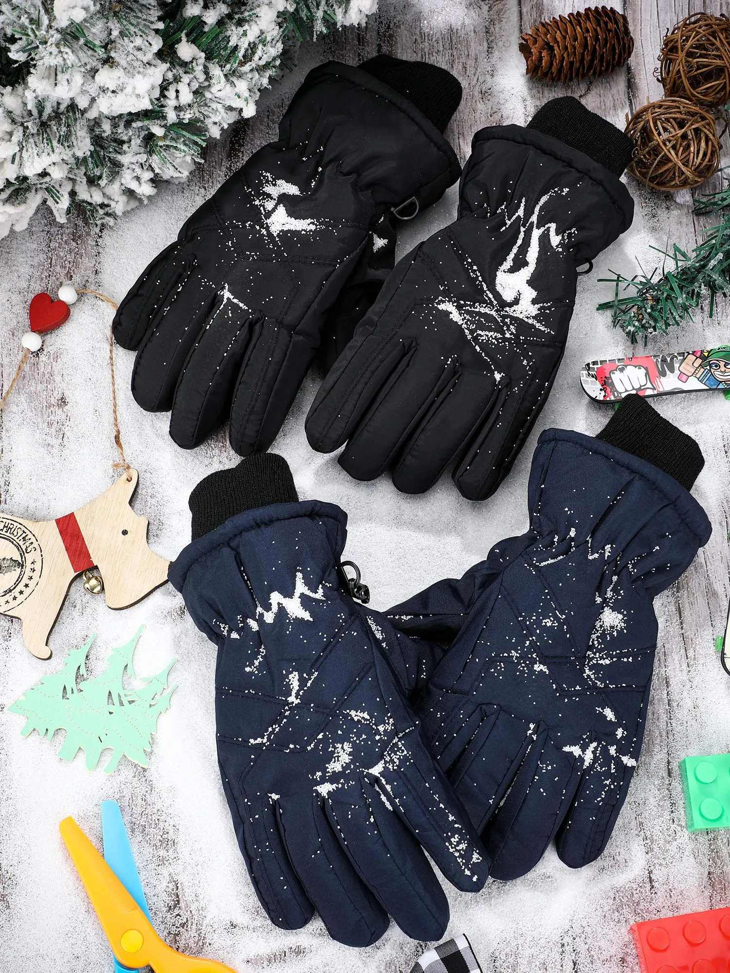 2 Pairs Kids Winter Gloves Waterproof Ski Gloves Child Snow Warm Gloves Mittens Black, Navy Blue 4-7 Years