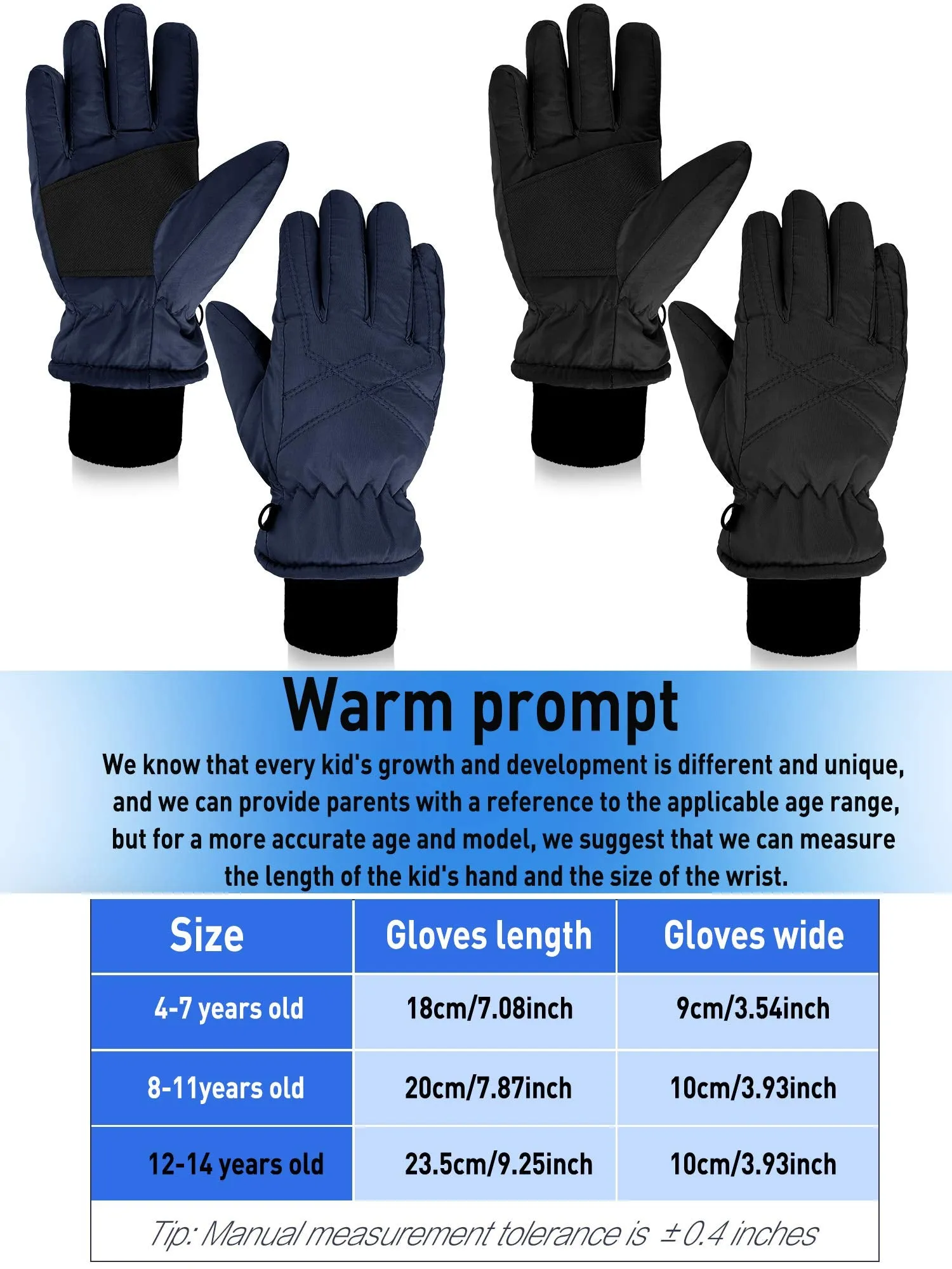 2 Pairs Kids Winter Gloves Waterproof Ski Gloves Child Snow Warm Gloves Mittens Black, Navy Blue 4-7 Years