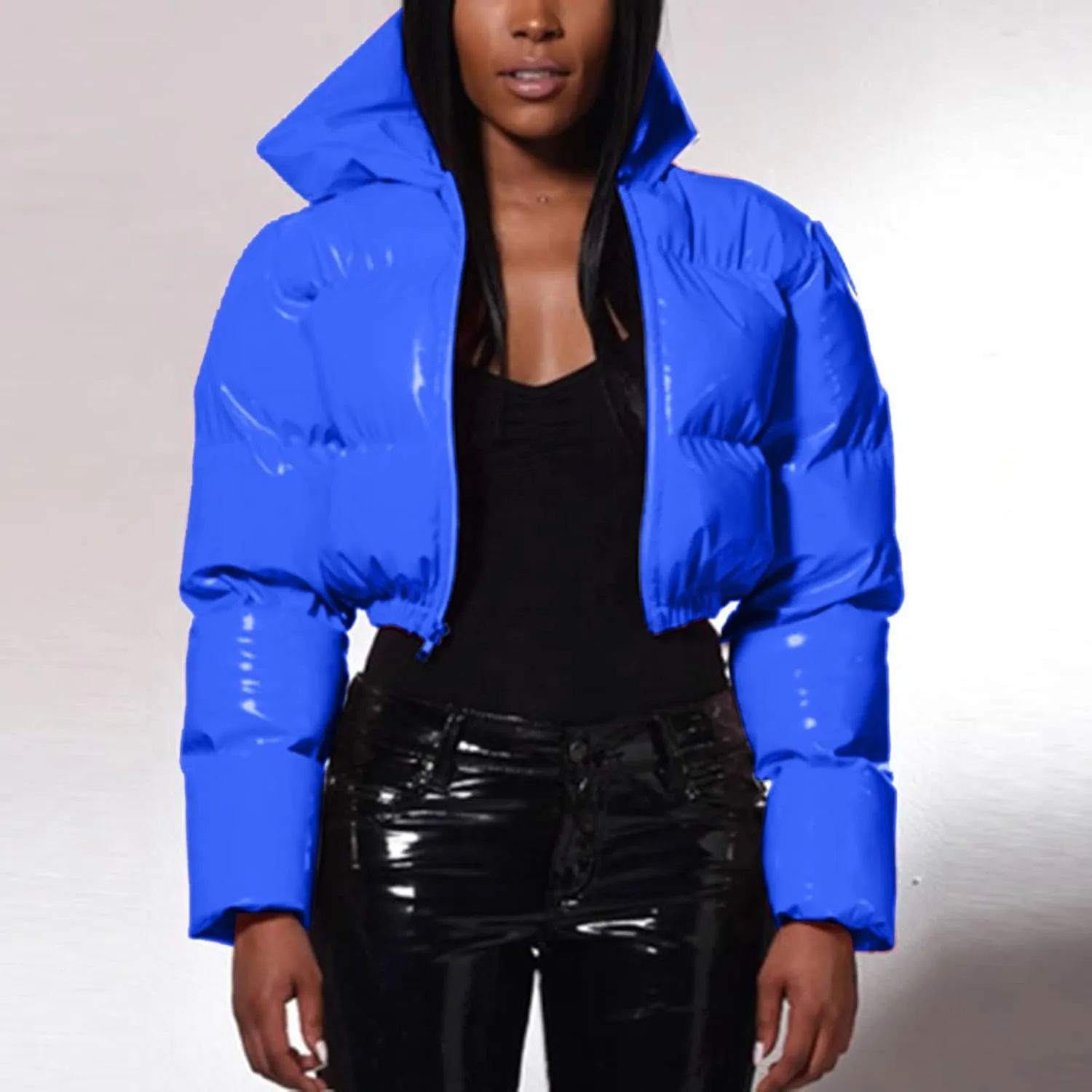 2024 Fashion Cool Zipper Crop Jacket Coat for Women Long Sleeve Hooded Quilted Outwear Casual Loose Oversized Overcoat