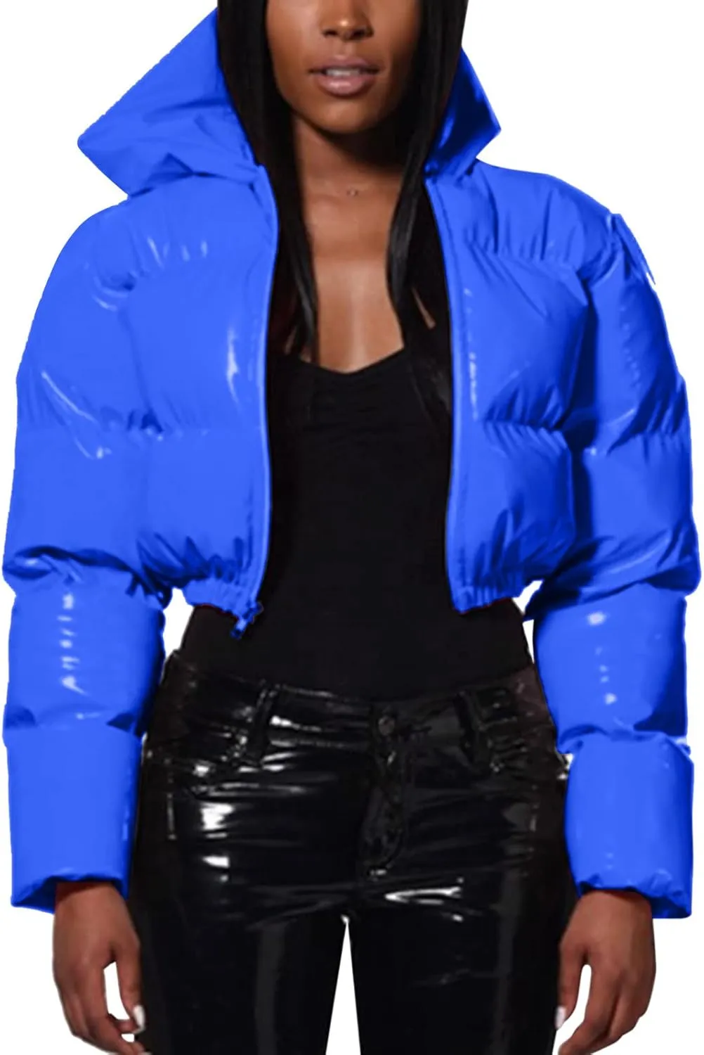 2024 Fashion Cool Zipper Crop Jacket Coat for Women Long Sleeve Hooded Quilted Outwear Casual Loose Oversized Overcoat