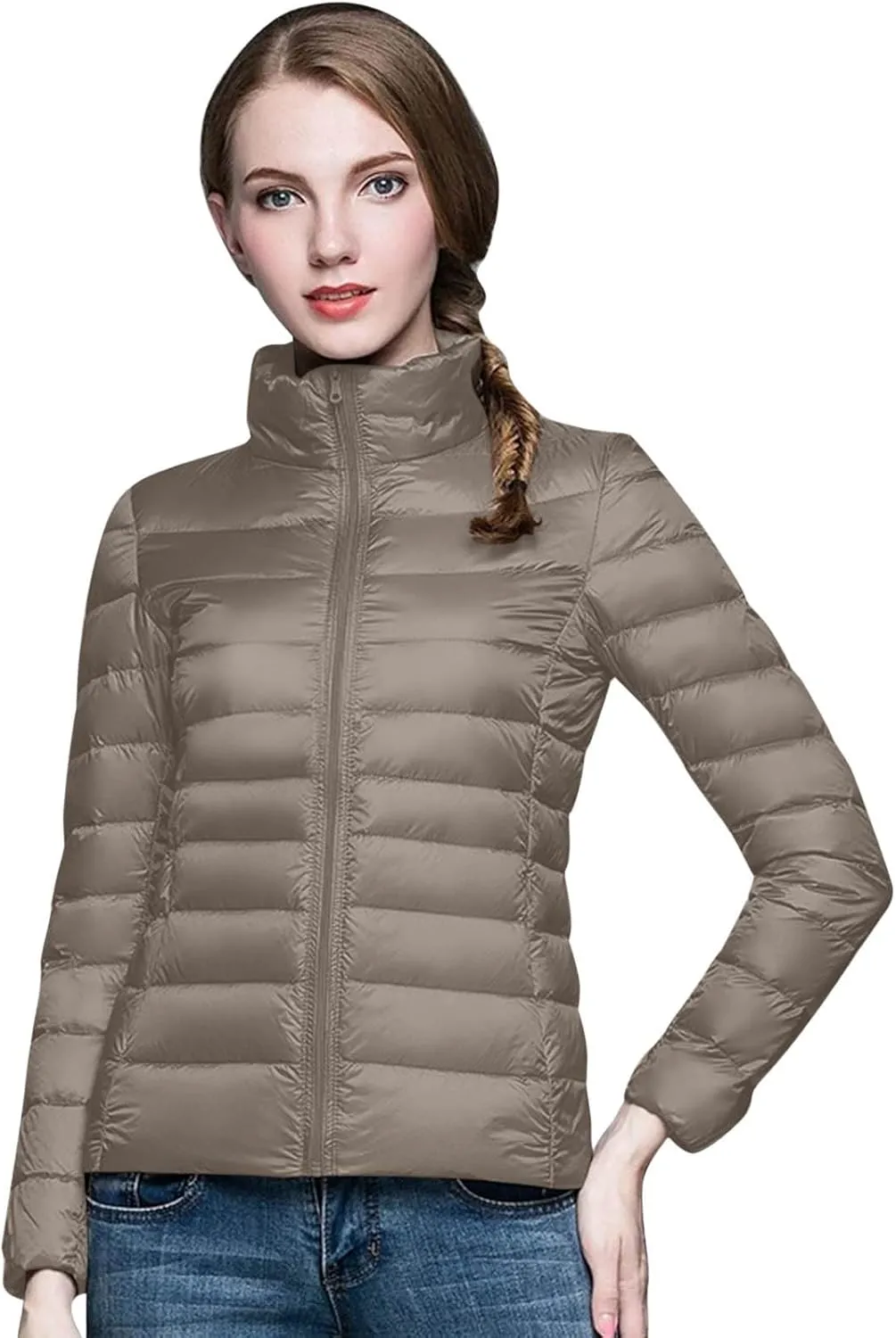 2024 Fashion Hoodless Windproof Puffer Coat for Women Long Sleeve Full Zip Outwear Warm Soft Fit Down Coat Outdoor Suit
