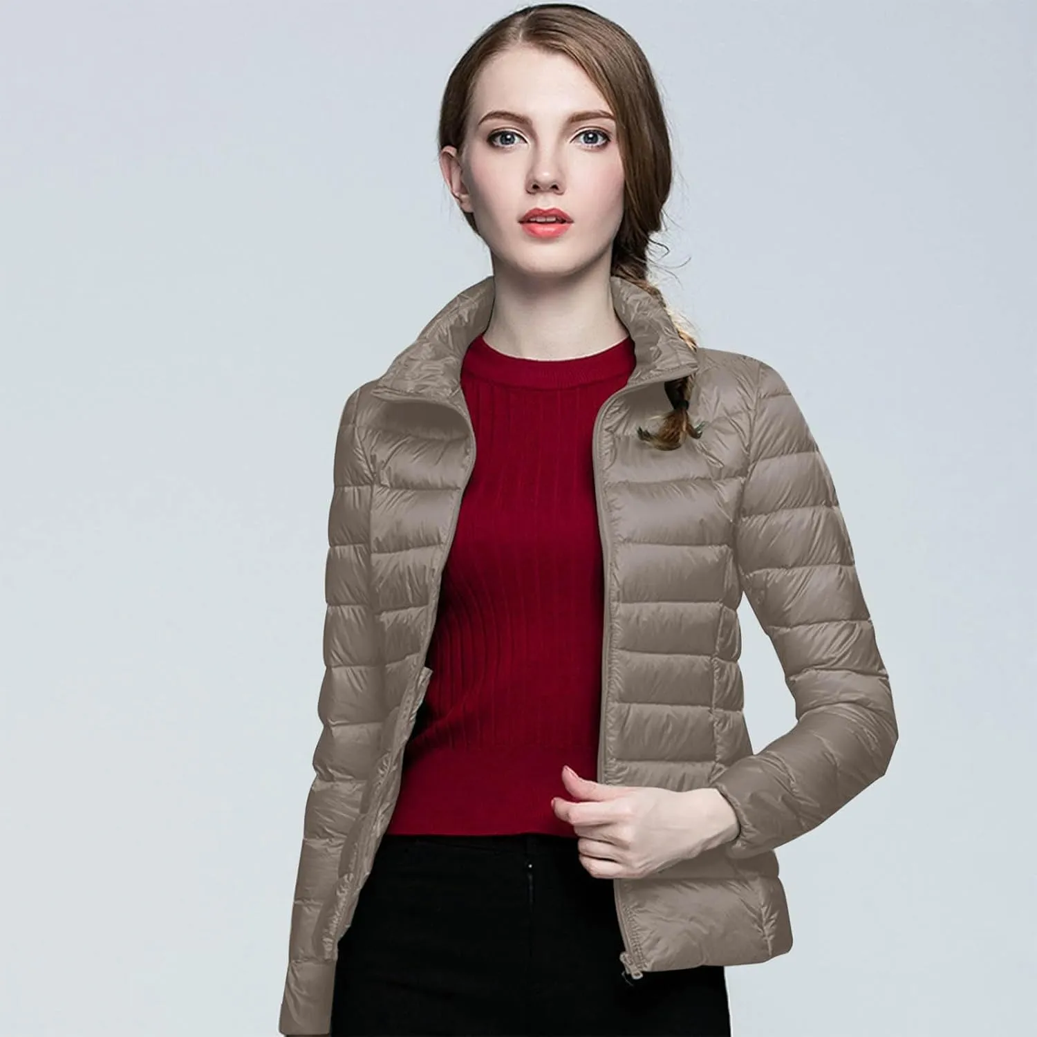 2024 Fashion Hoodless Windproof Puffer Coat for Women Long Sleeve Full Zip Outwear Warm Soft Fit Down Coat Outdoor Suit
