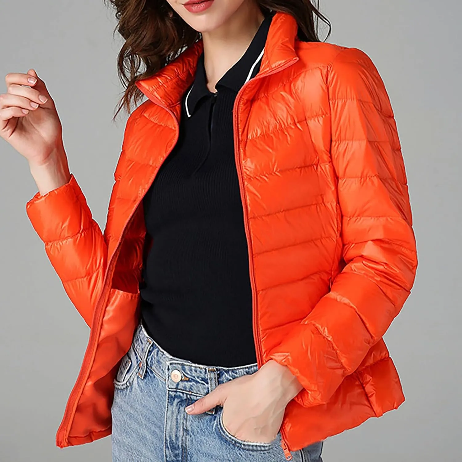 2024 Temperament Solid Puffer Coat for Womens Long Sleeve Comfort Down Coat Stand Collar Thick Warm Overcoat Daily Suit