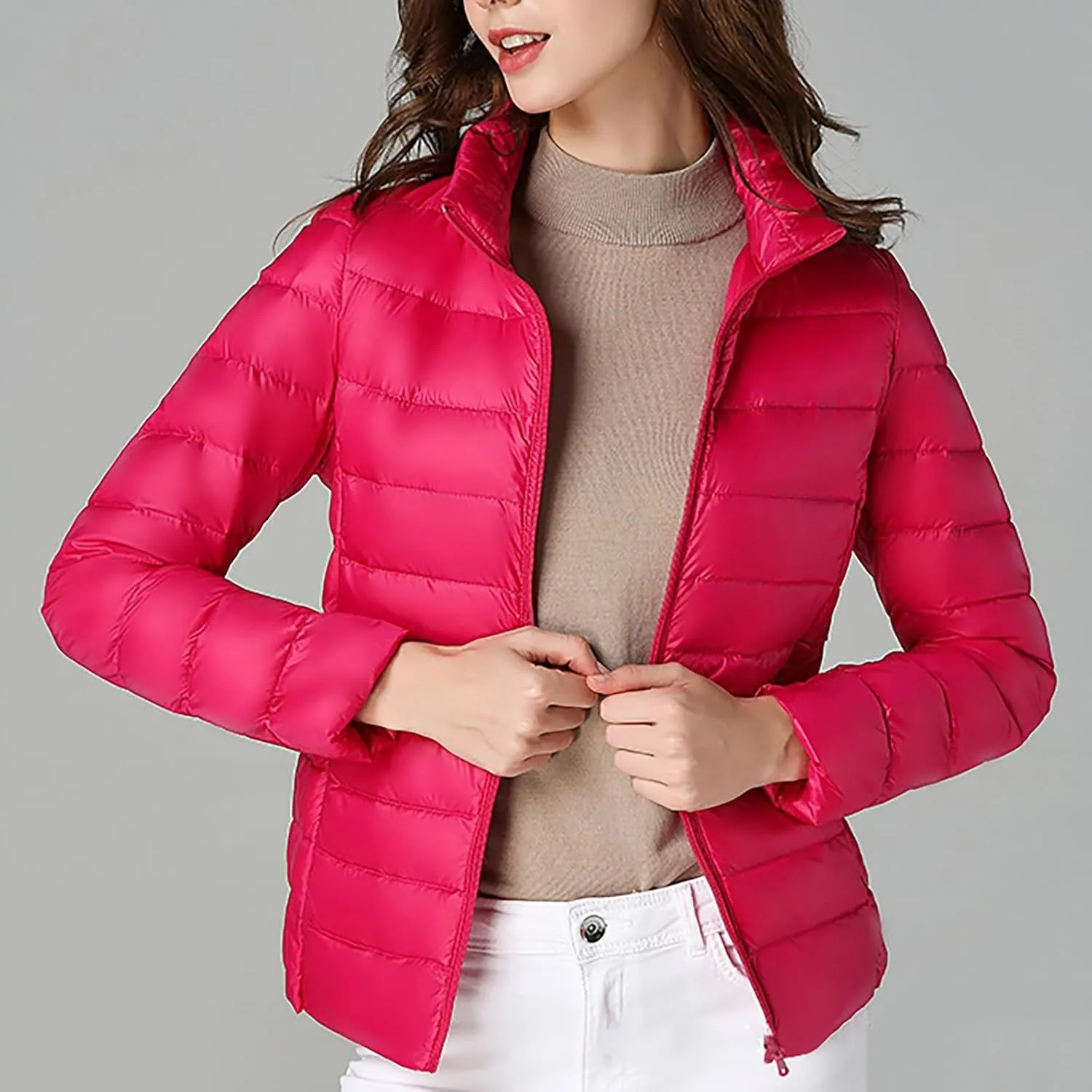 2024 Temperament Solid Puffer Coat for Womens Long Sleeve Comfort Down Coat Stand Collar Thick Warm Overcoat Daily Suit