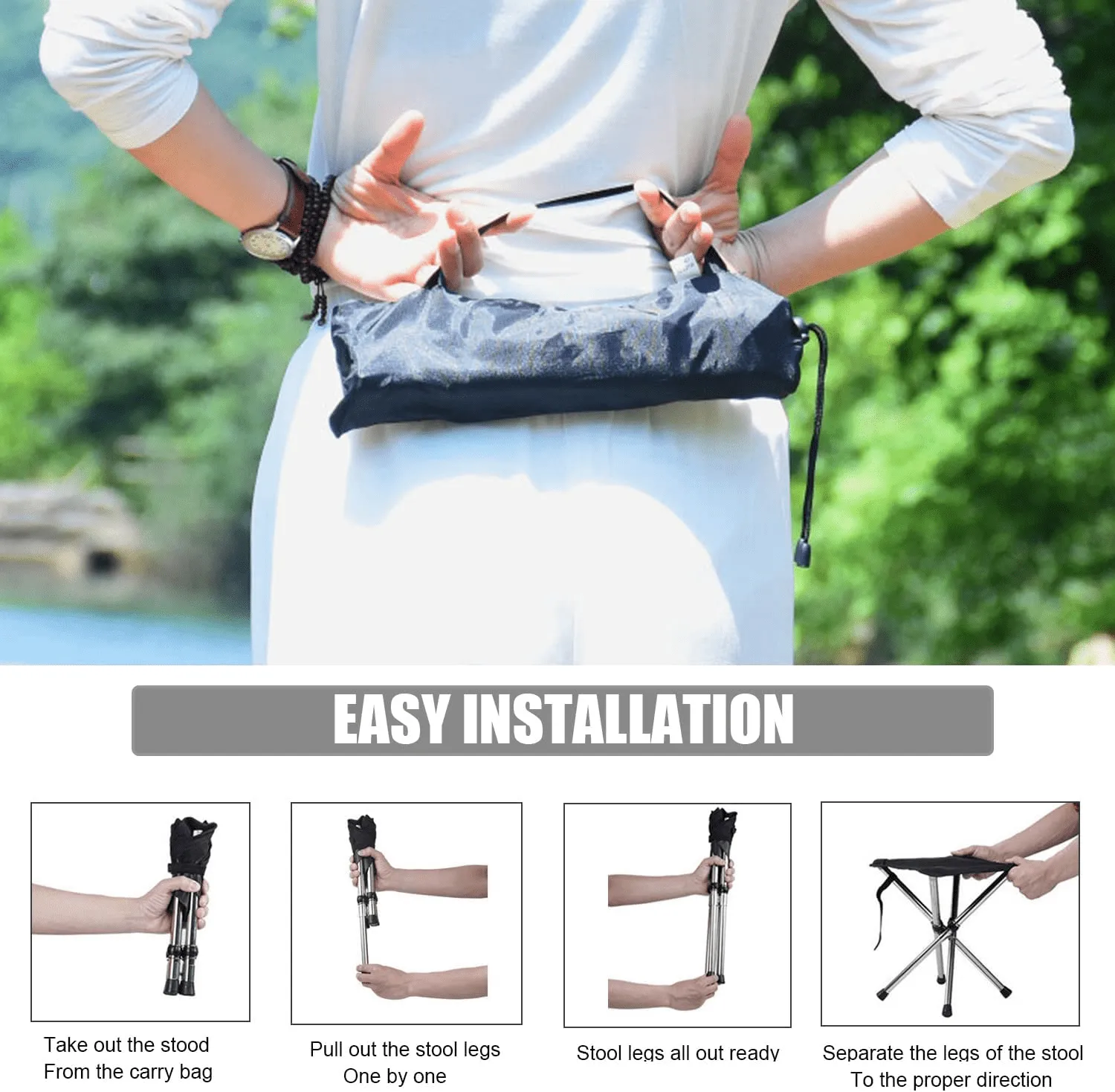 4x Legs Mini Folding Stool Outdoor Camping Chair Foldable Hiking w/Storage Bag