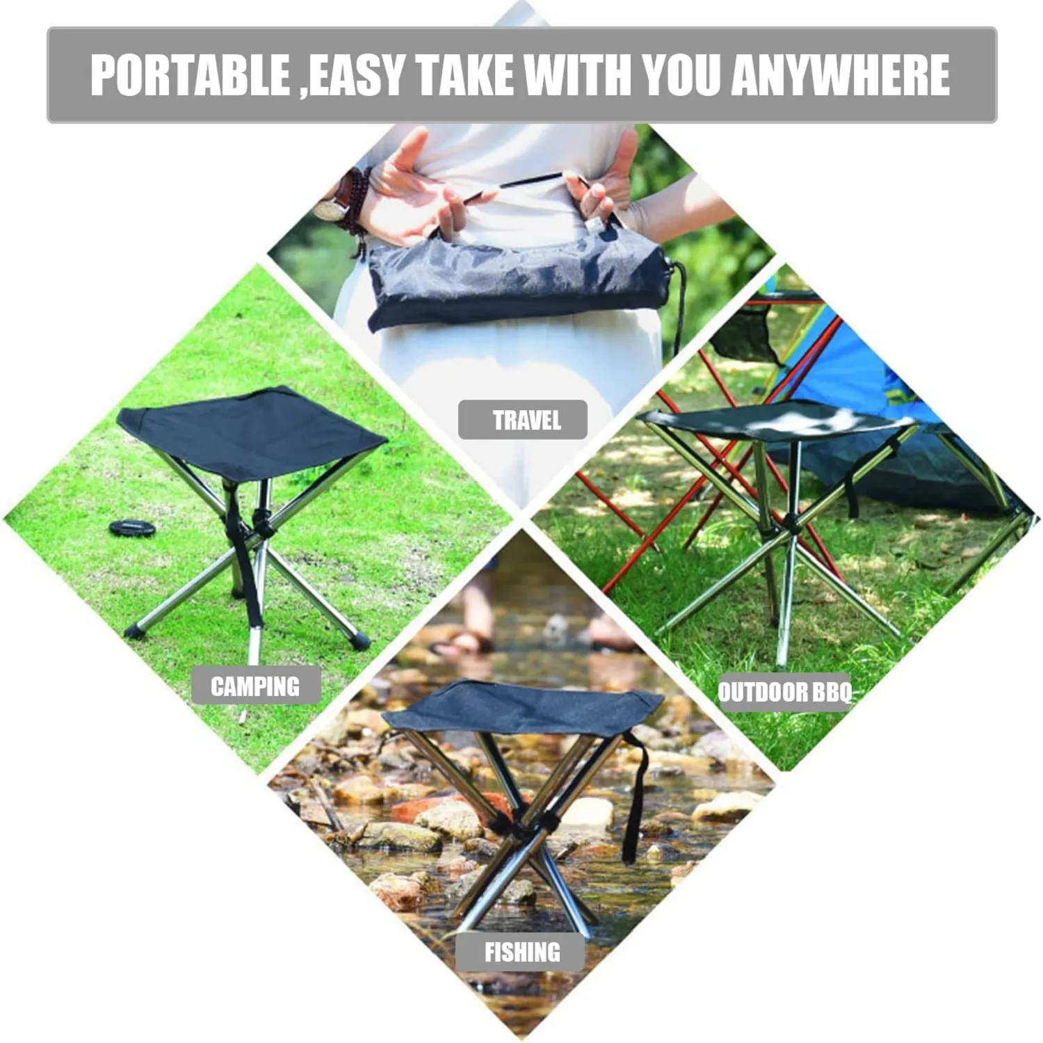 4x Legs Mini Folding Stool Outdoor Camping Chair Foldable Hiking w/Storage Bag