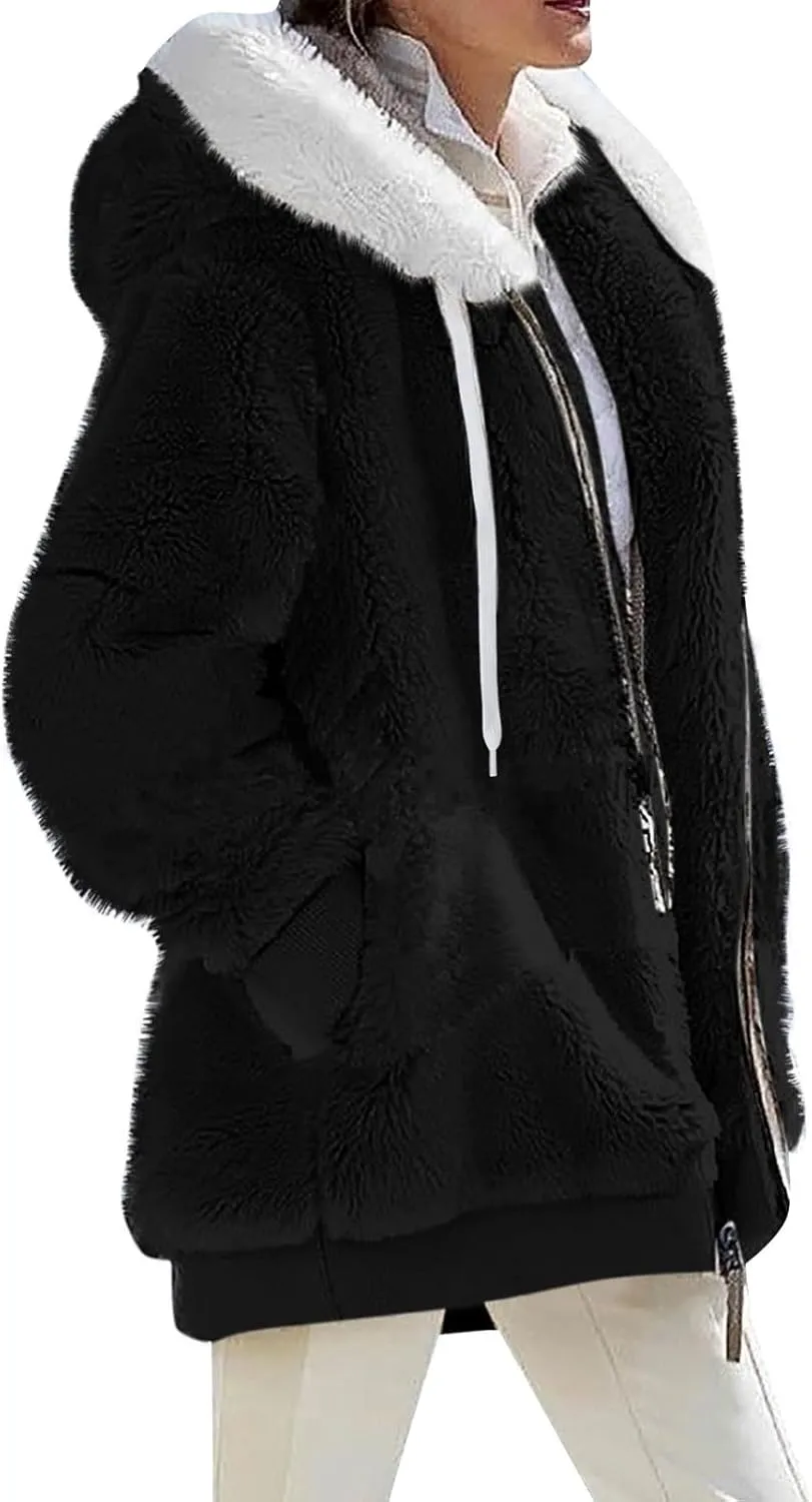 Abrigos De Mujer Invierno En Oferta Early Holiday Deals Winter Coats for Women Trendy Fleece Jacket Women Fuzzy Sherpa Lined Jacket Zip Up Hoodie Warm Clothes Holiday Outfits Deals(J-Black,XL)
