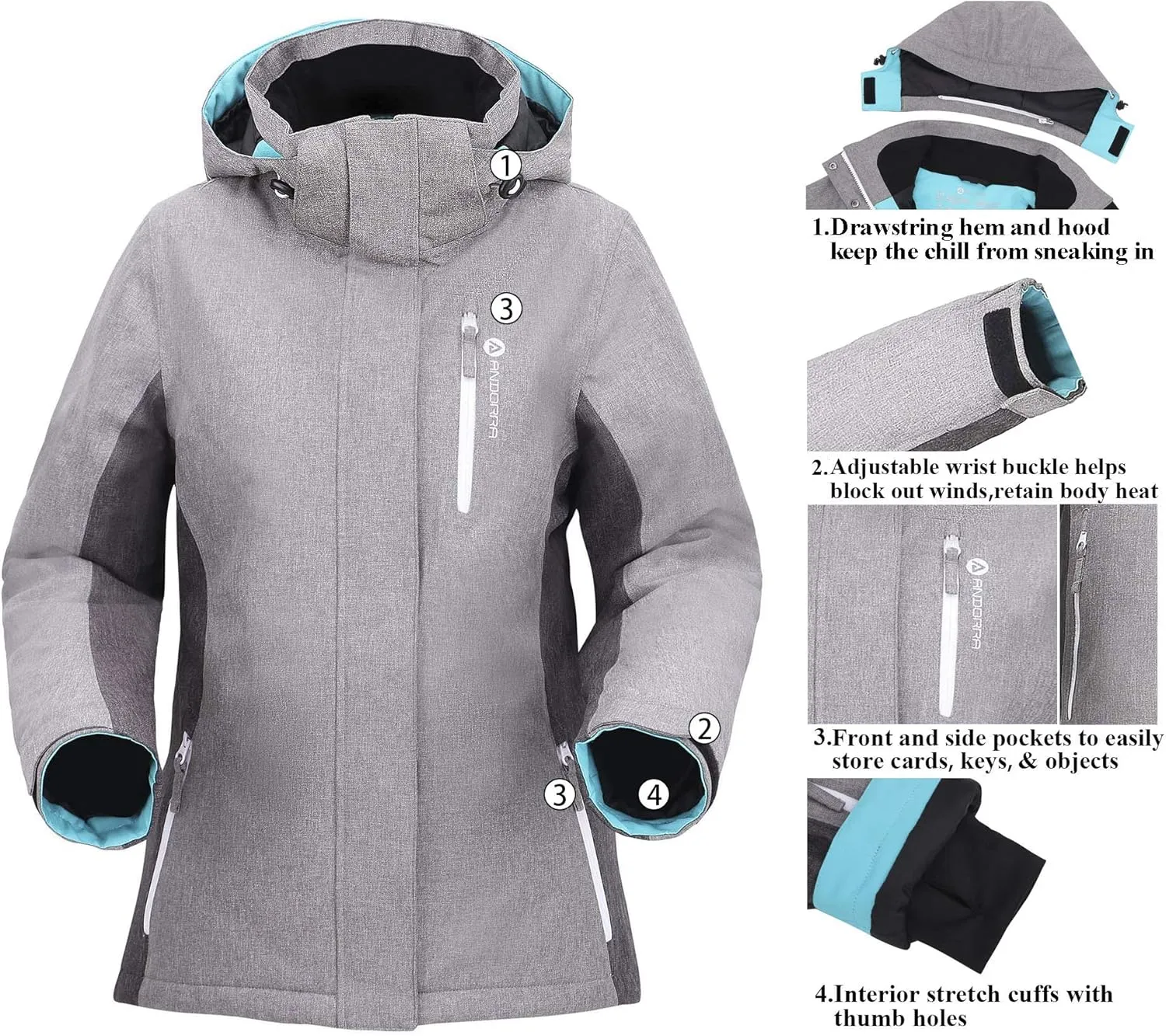 ANDORRA Women's Performance Insulated Ski Jacket with Zip-Off Hood