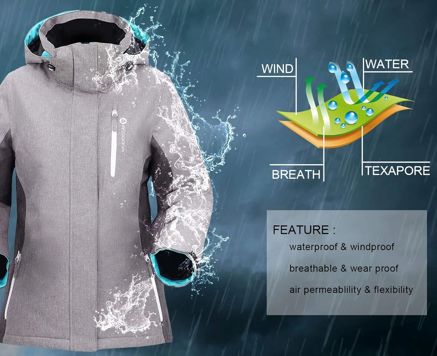 ANDORRA Women's Performance Insulated Ski Jacket with Zip-Off Hood