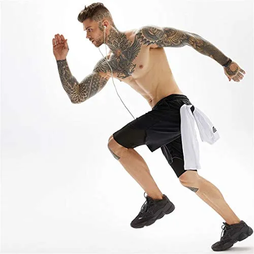 ASKSA Men's Sports Shorts 2 in 1 Running or Gym Quick Drying Breathable Training Shorts Joggers Pants with Built-in Pocket(Black,XL)