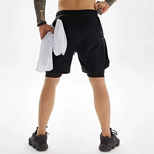 ASKSA Men's Sports Shorts 2 in 1 Running or Gym Quick Drying Breathable Training Shorts Joggers Pants with Built-in Pocket(Black,XL)