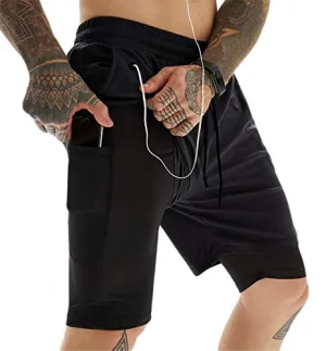 ASKSA Men's Sports Shorts 2 in 1 Running or Gym Quick Drying Breathable Training Shorts Joggers Pants with Built-in Pocket(Black,XL)