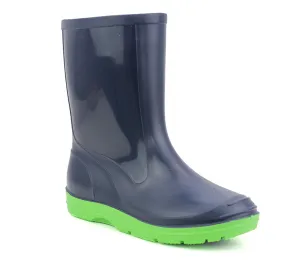 B113571 Boys Kids Mid Calf PVC Wellingtons in Navy & Green
