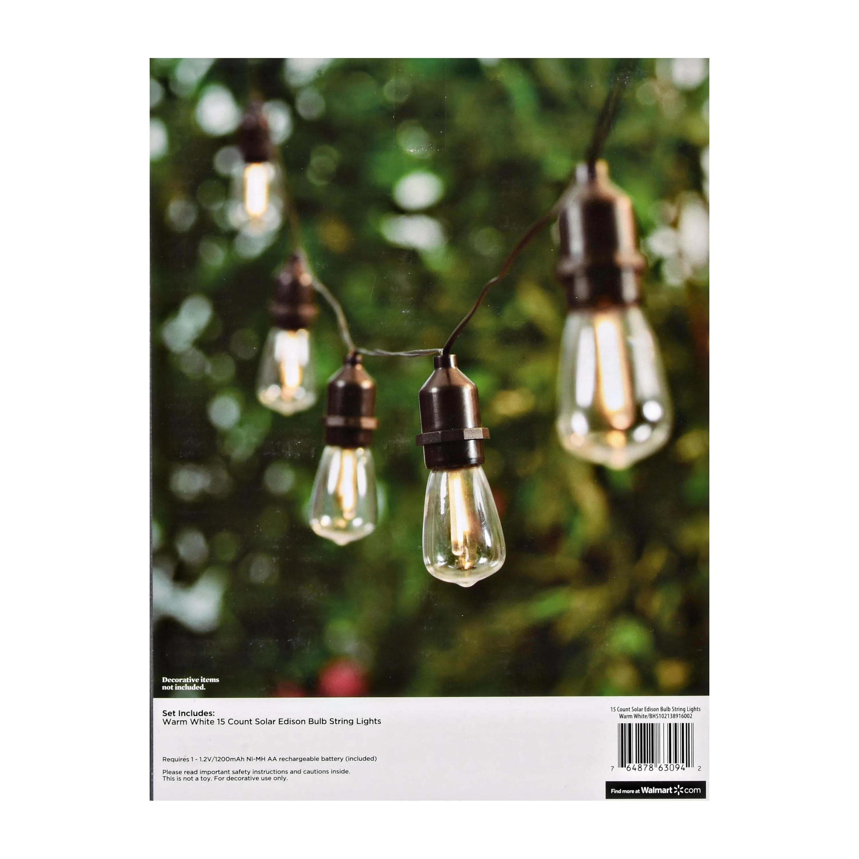 Better Homes & Gardens 15-Count Solar Powered Edison Outdoor String Lights,