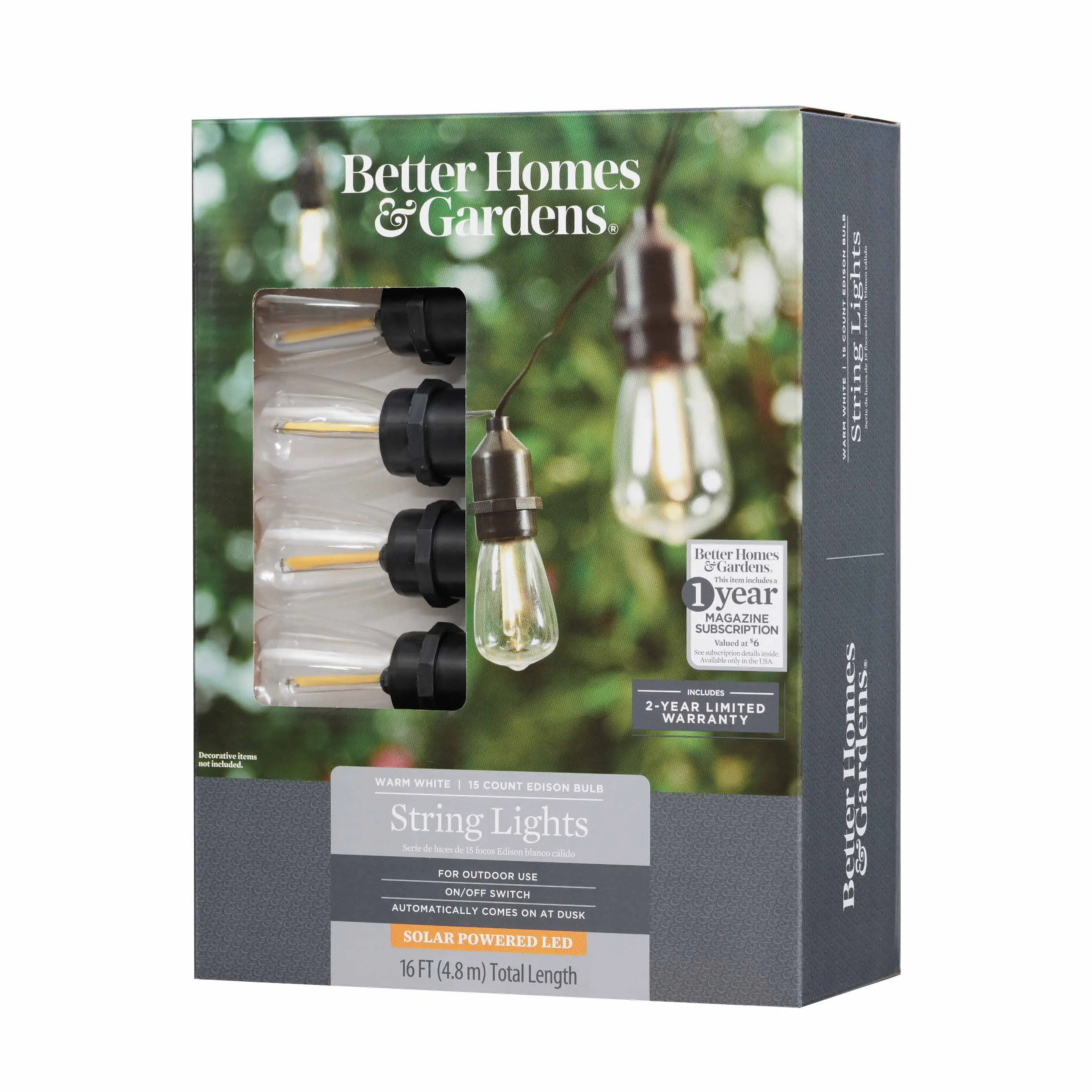Better Homes & Gardens 15-Count Solar Powered Edison Outdoor String Lights,