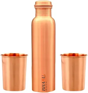 Bharu Plain Copper Bottle 750 ml & 2 pcs Plain Copper Glass