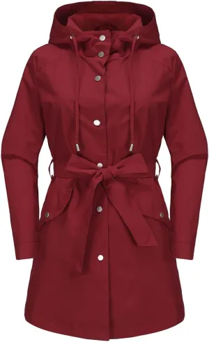 Bidobibo Women's Raincoats Waterproof Hooded Lightweight Winter Jacket with Belt Windbreaker Jacket Womens Plus Size 2024