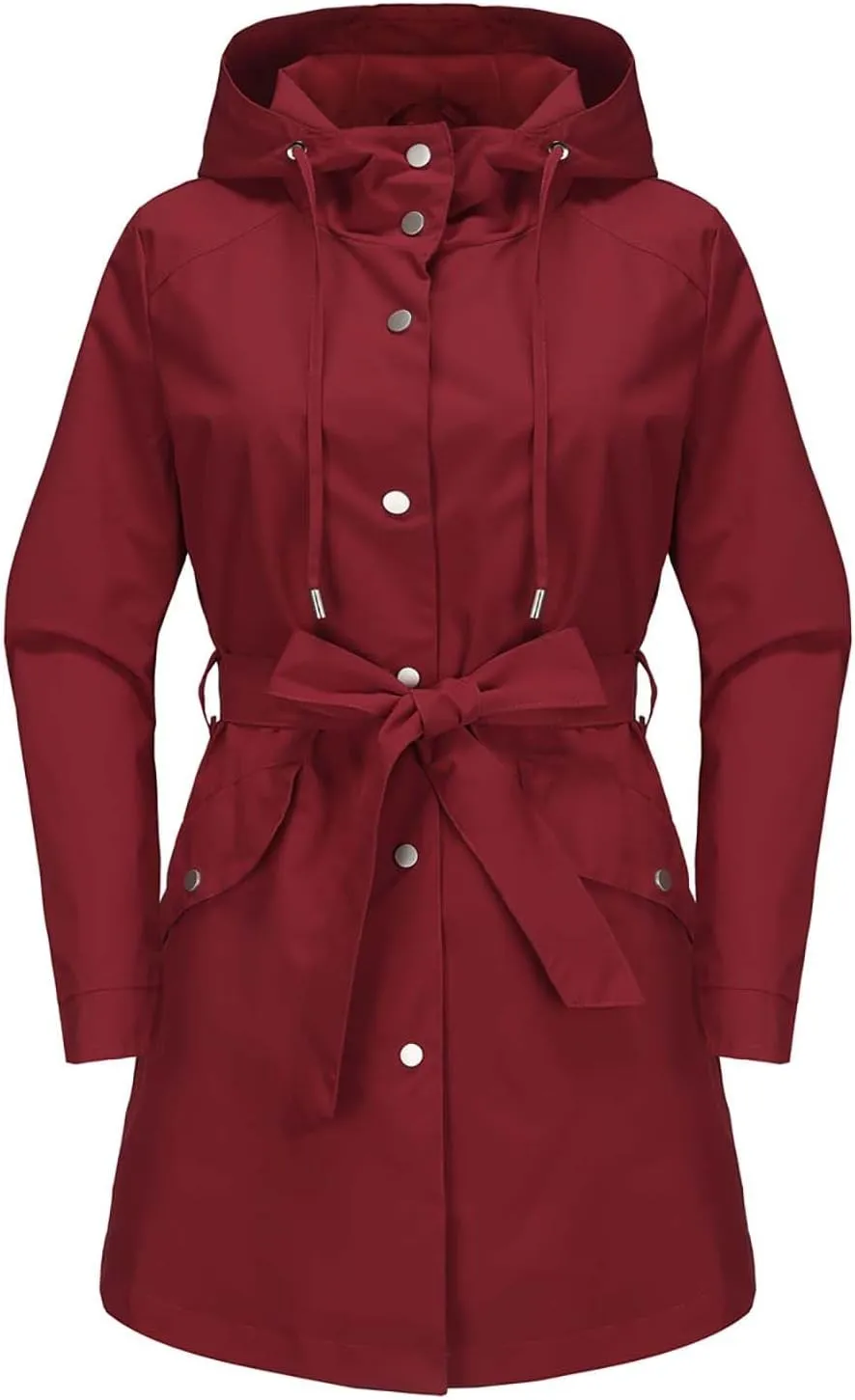 Bidobibo Women's Raincoats Waterproof Hooded Lightweight Winter Jacket with Belt Windbreaker Jacket Womens Plus Size 2024