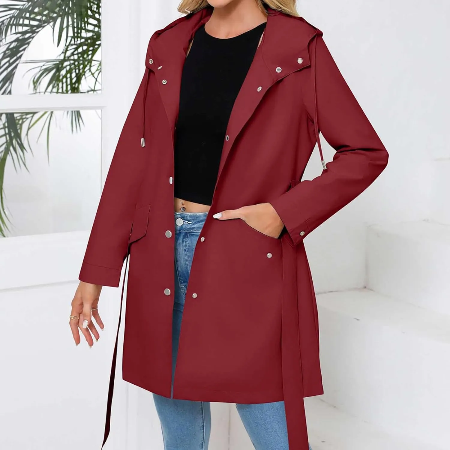 Bidobibo Women's Raincoats Waterproof Hooded Lightweight Winter Jacket with Belt Windbreaker Jacket Womens Plus Size 2024
