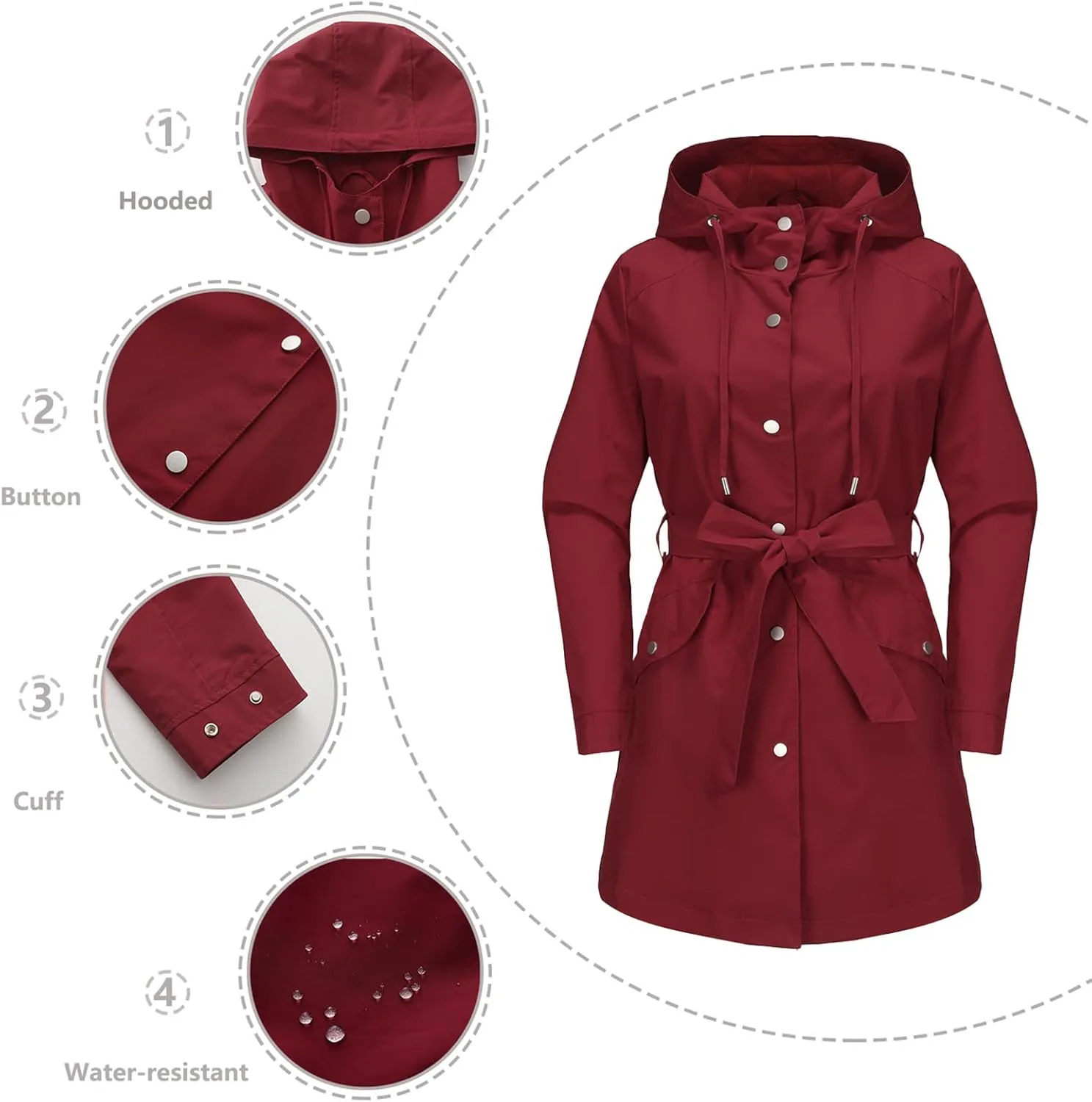 Bidobibo Women's Raincoats Waterproof Hooded Lightweight Winter Jacket with Belt Windbreaker Jacket Womens Plus Size 2024