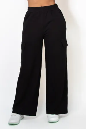 Black Elastic Straight-Leg Cargo Pants