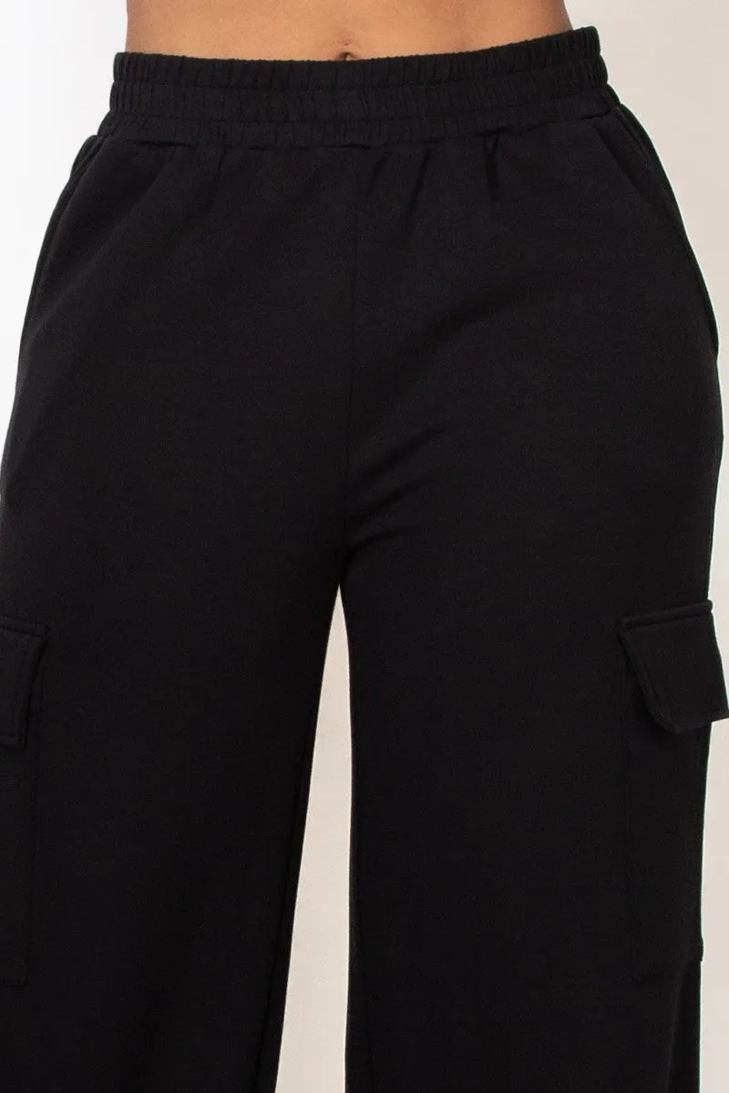 Black Elastic Straight-Leg Cargo Pants