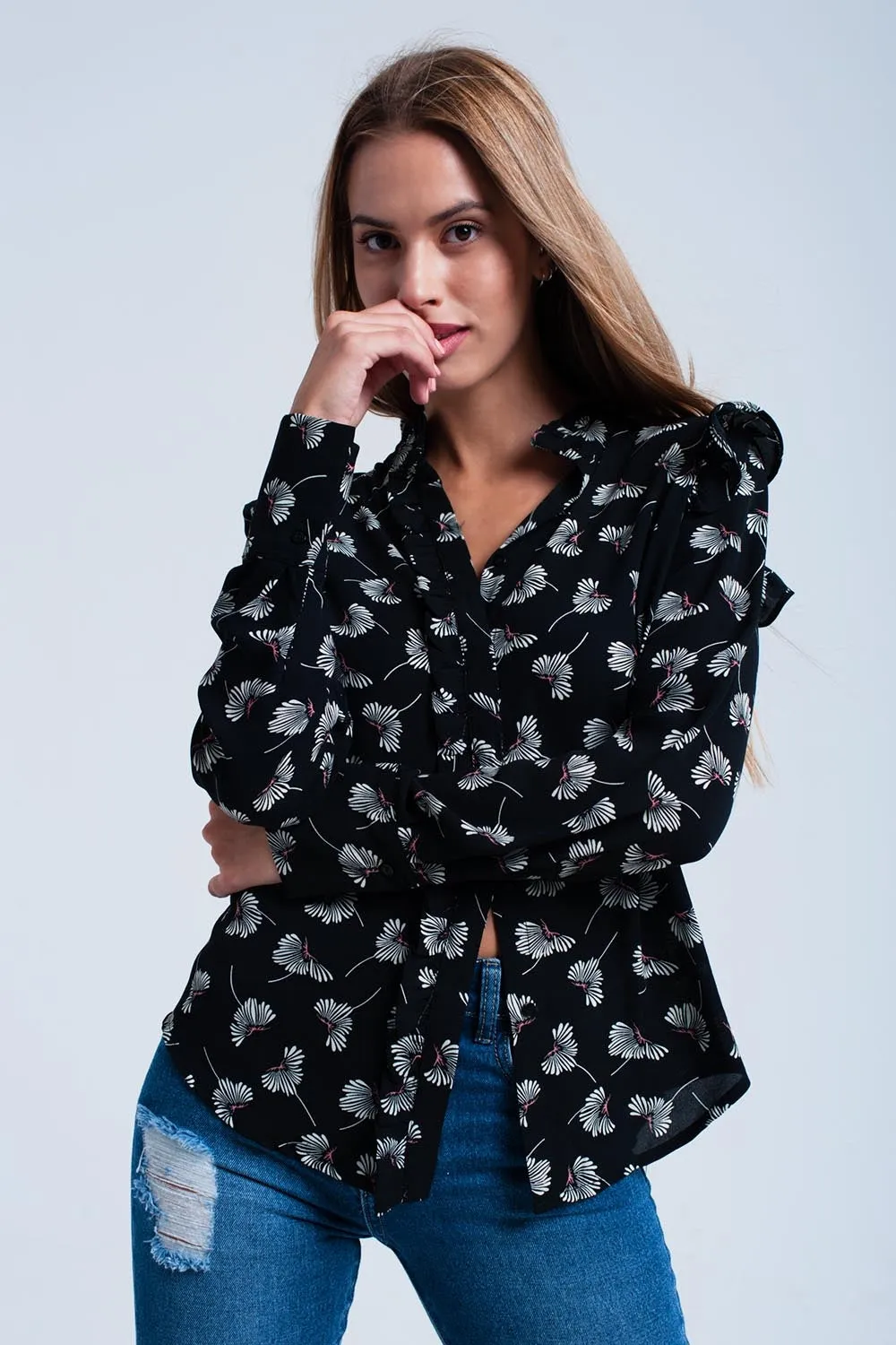 Black floral printed shirt