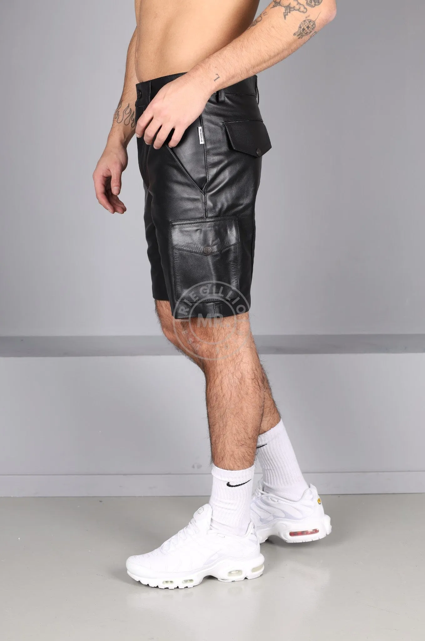 Black Leather Cargo Short