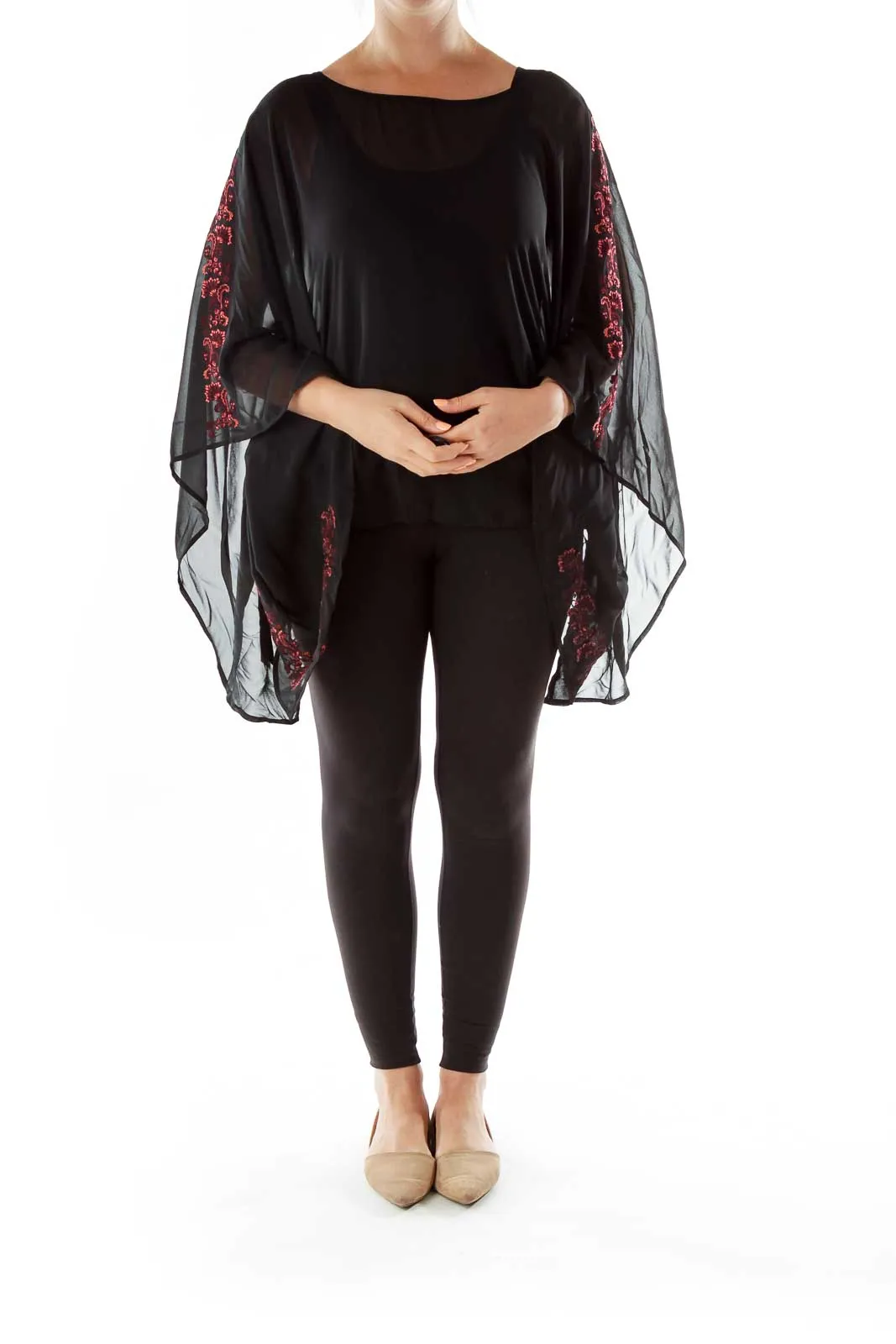 Black Pink Embroidered Poncho