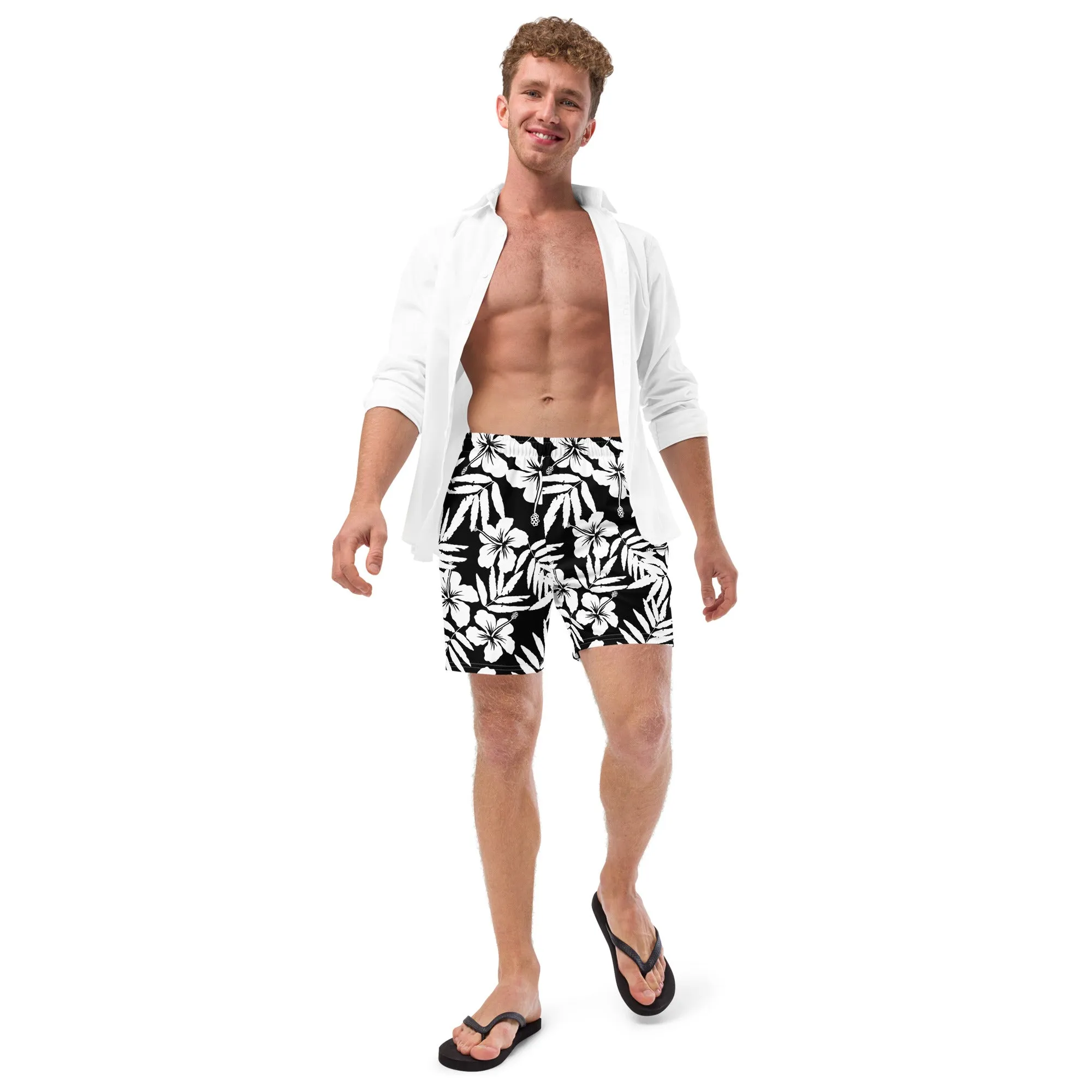 Black White Hawaiian Hibiscus Swim Trunks, UPF 50