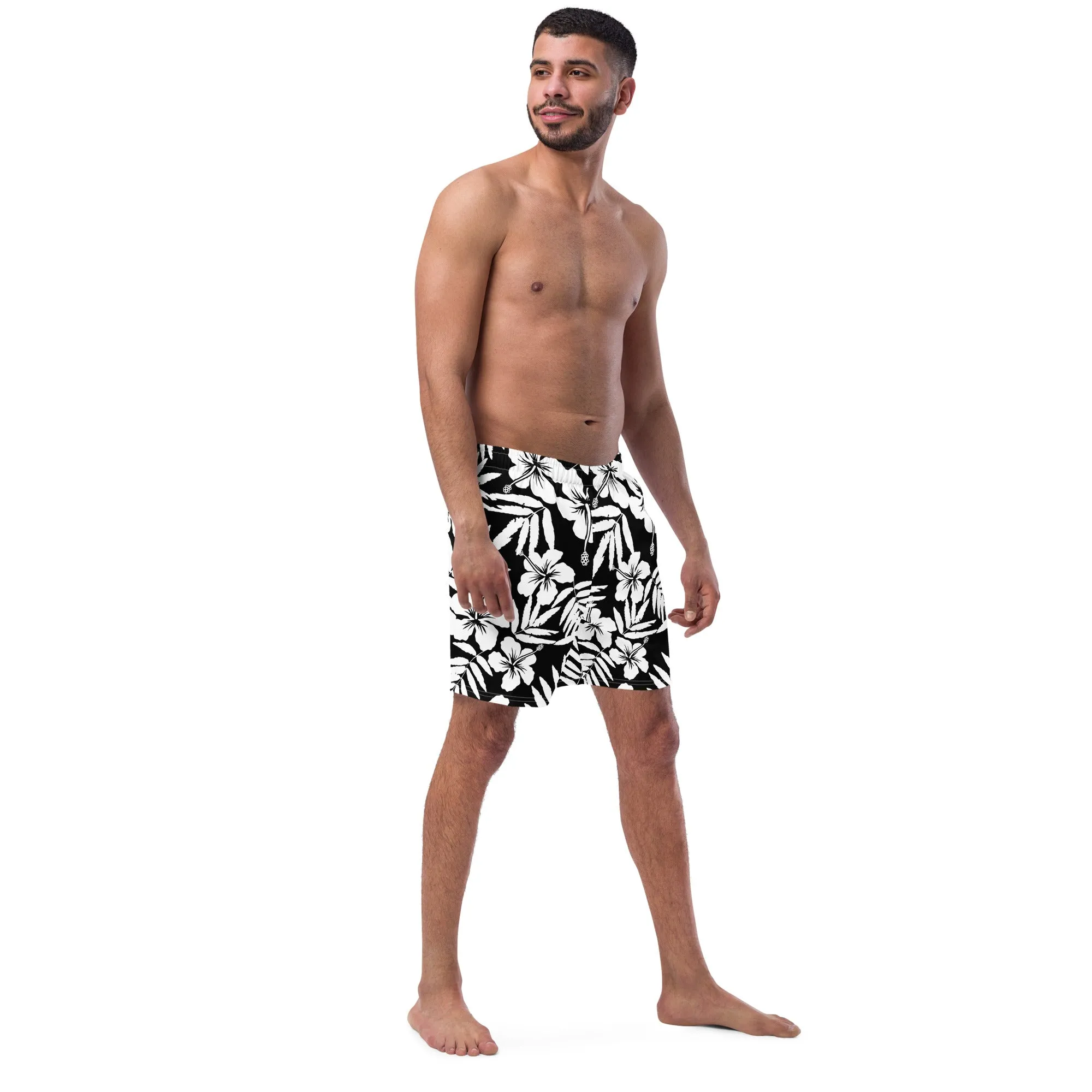 Black White Hawaiian Hibiscus Swim Trunks, UPF 50