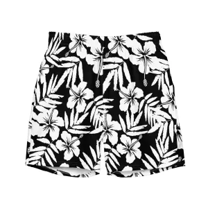 Black White Hawaiian Hibiscus Swim Trunks, UPF 50