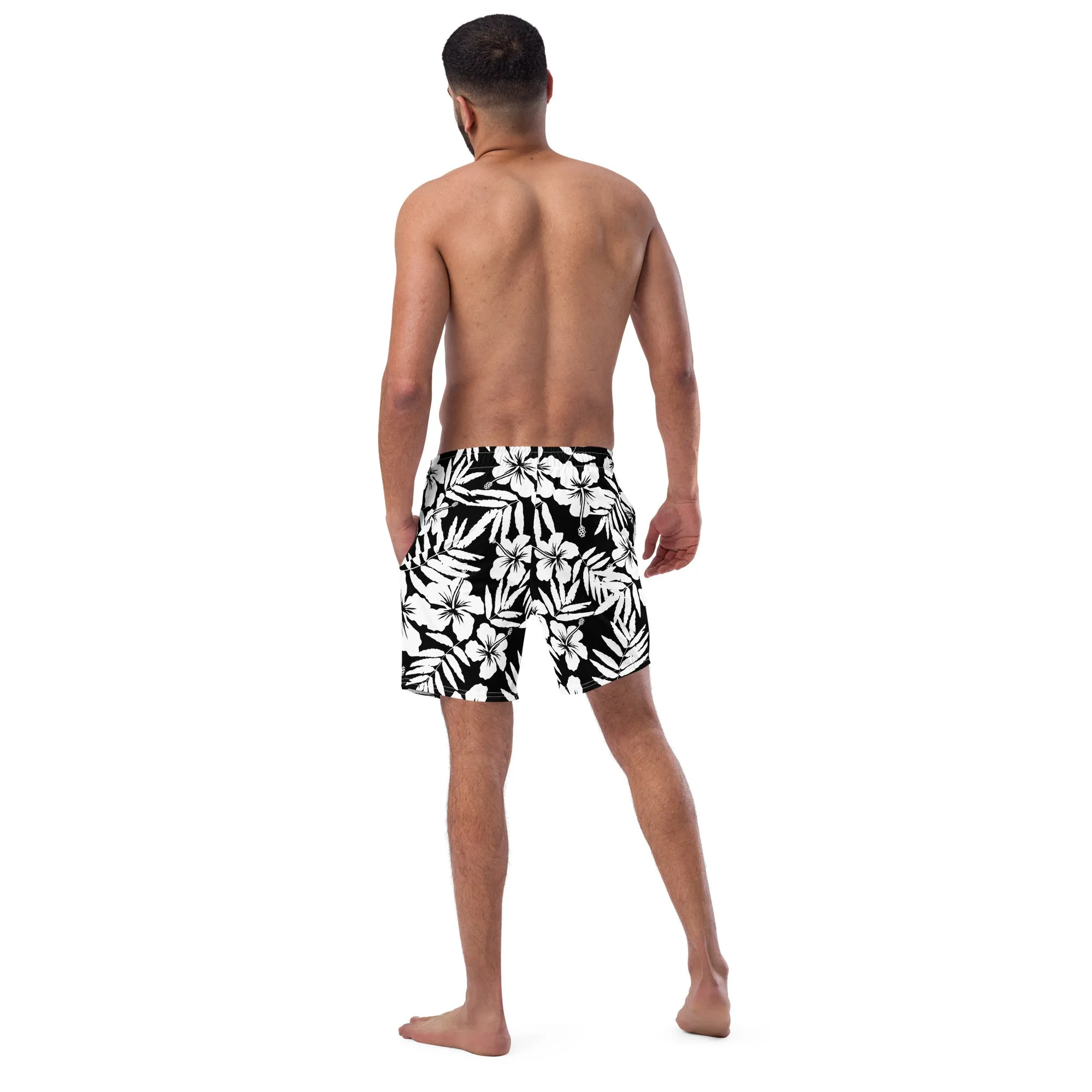 Black White Hawaiian Hibiscus Swim Trunks, UPF 50