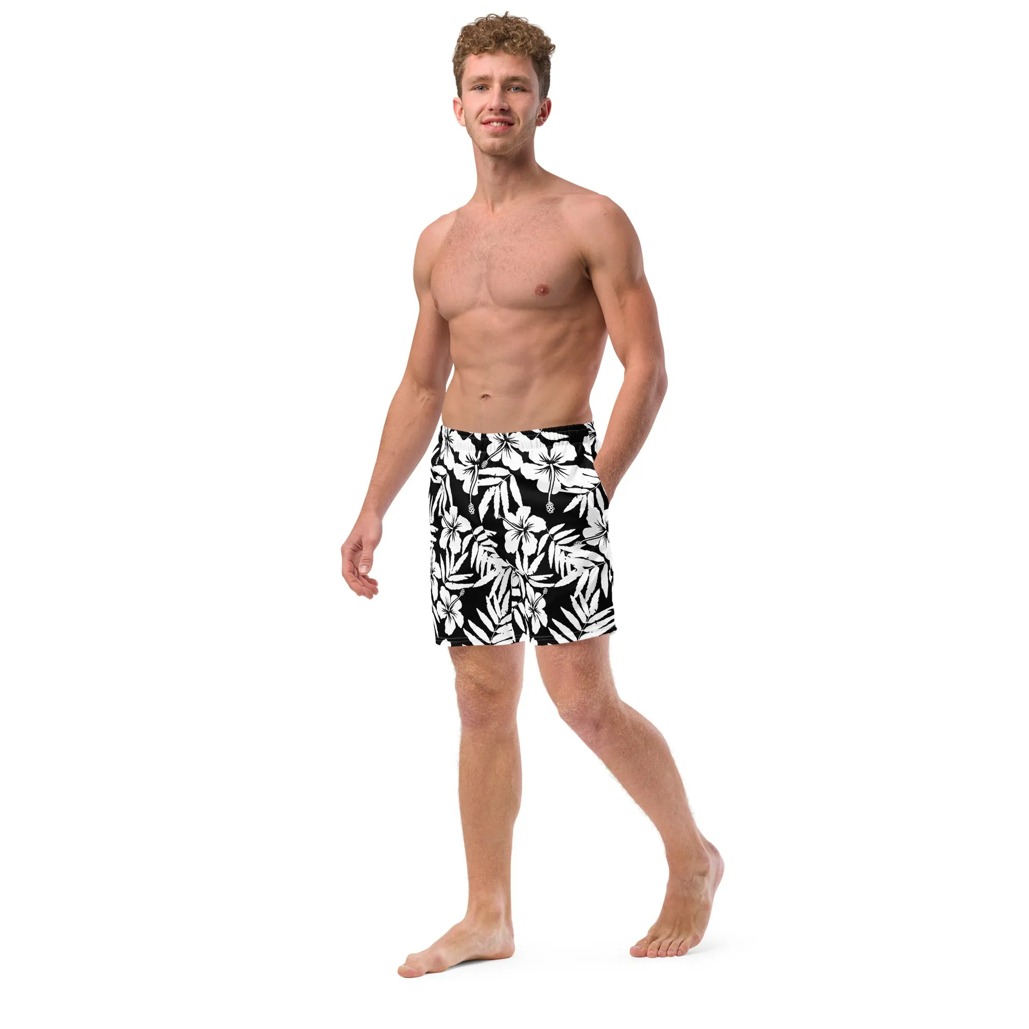 Black White Hawaiian Hibiscus Swim Trunks, UPF 50