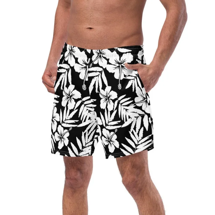 Black White Hawaiian Hibiscus Swim Trunks, UPF 50
