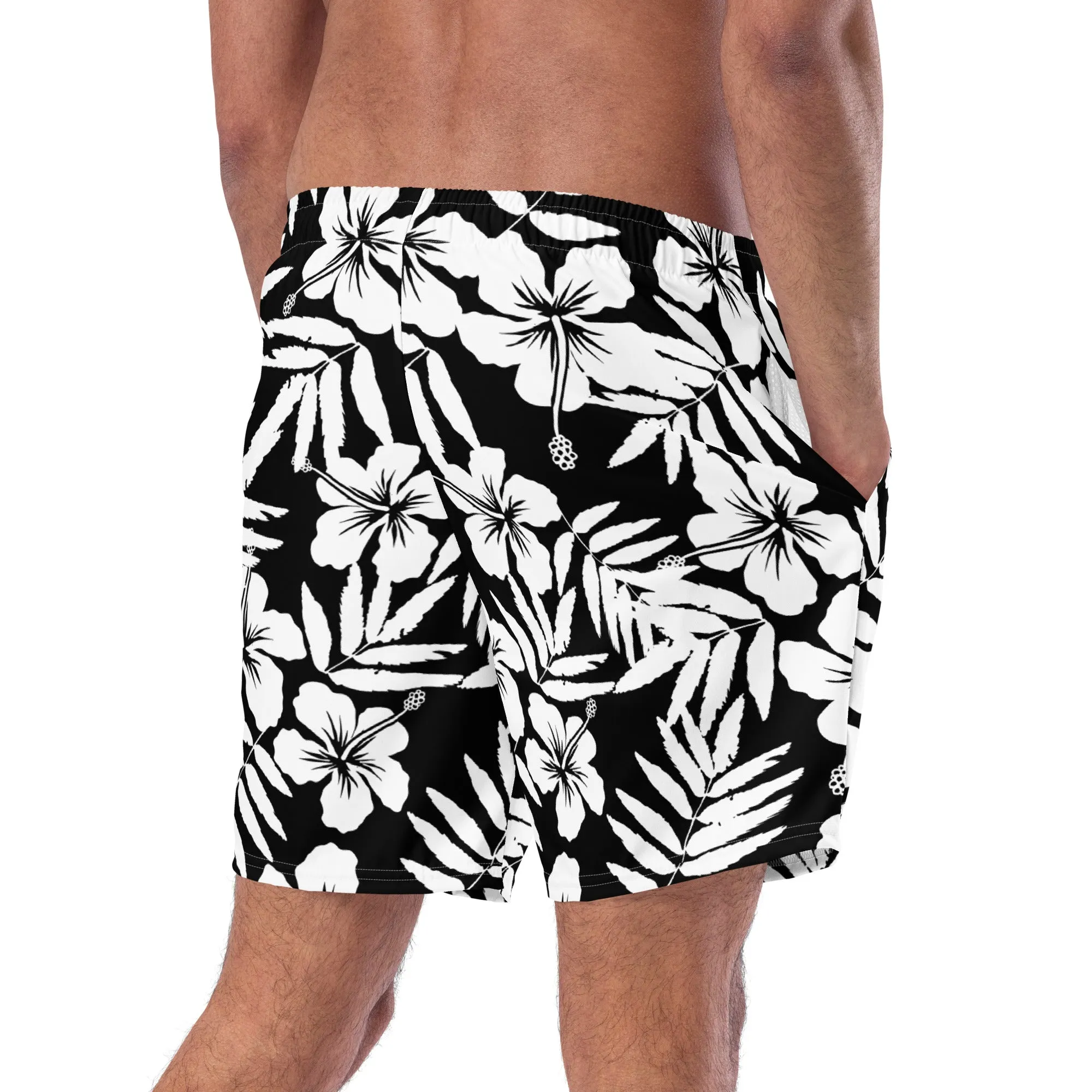 Black White Hawaiian Hibiscus Swim Trunks, UPF 50
