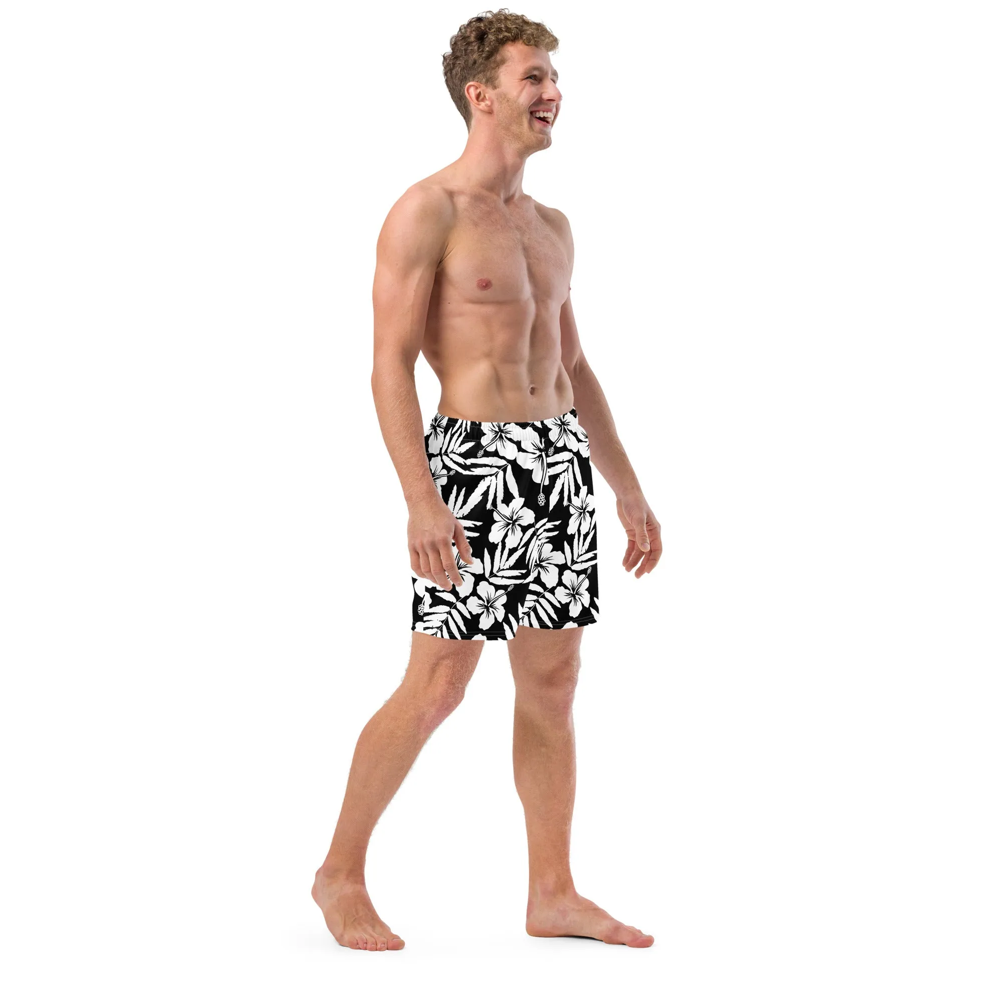Black White Hawaiian Hibiscus Swim Trunks, UPF 50