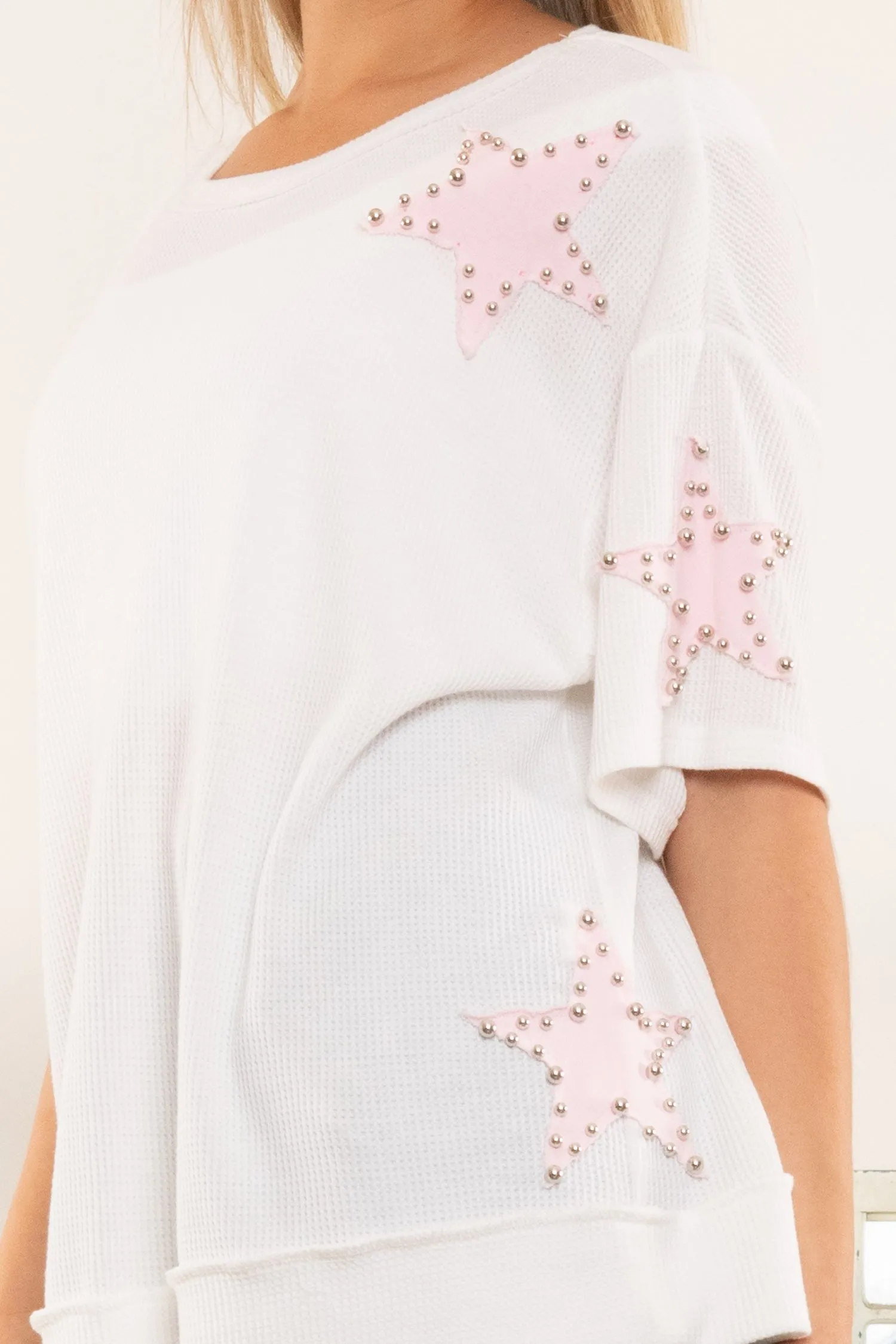 BlueVelvet Thermal Star Patched and Beaded Top in Pink-White