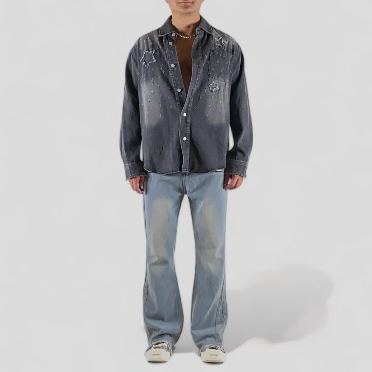 Boxy fit heavy denim shirt with stars