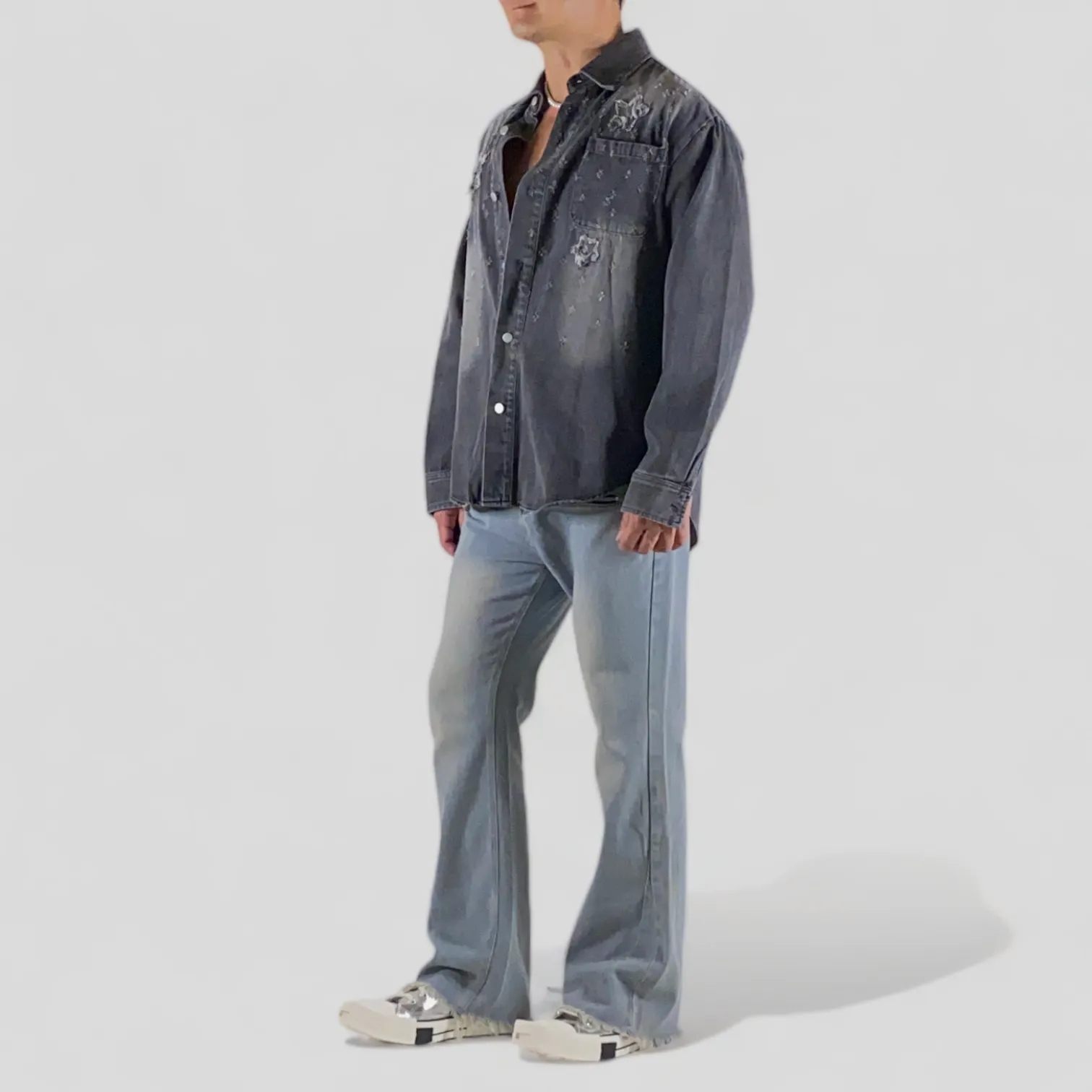 Boxy fit heavy denim shirt with stars