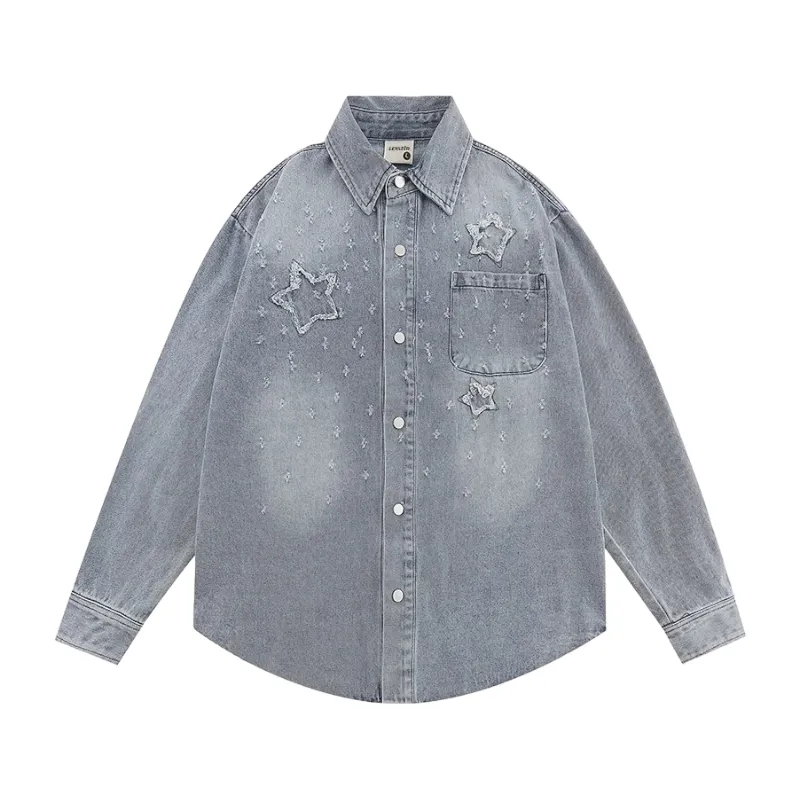 Boxy fit heavy denim shirt with stars