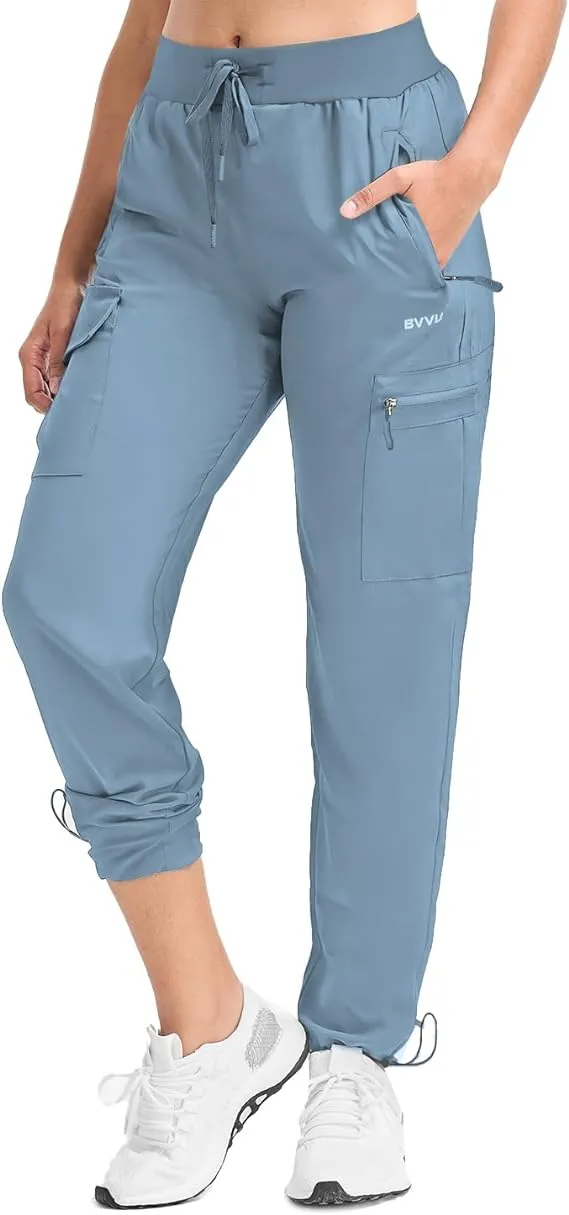 BVVU Women's Cargo Joggers Lightweight Quick Dry Hiking Pants Outdoor Waterproof Athletic Workout Pants with Zipper Pockets