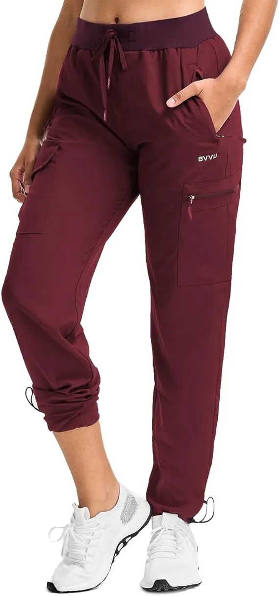 BVVU Women's Cargo Joggers Lightweight Quick Dry Hiking Pants Outdoor Waterproof Athletic Workout Pants with Zipper Pockets