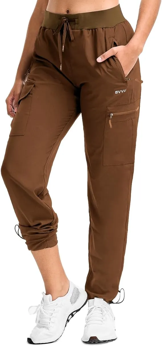 BVVU Women's Cargo Joggers Lightweight Quick Dry Hiking Pants Outdoor Waterproof Athletic Workout Pants with Zipper Pockets